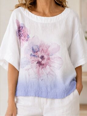 J. Jill Linen Top white lavender floral watercolor size M